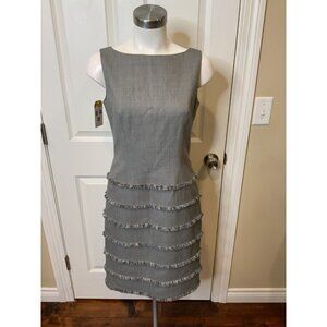 Escada Gray Wool Sleeveless Fringe Trim Shift Dress, Size 0 | 34